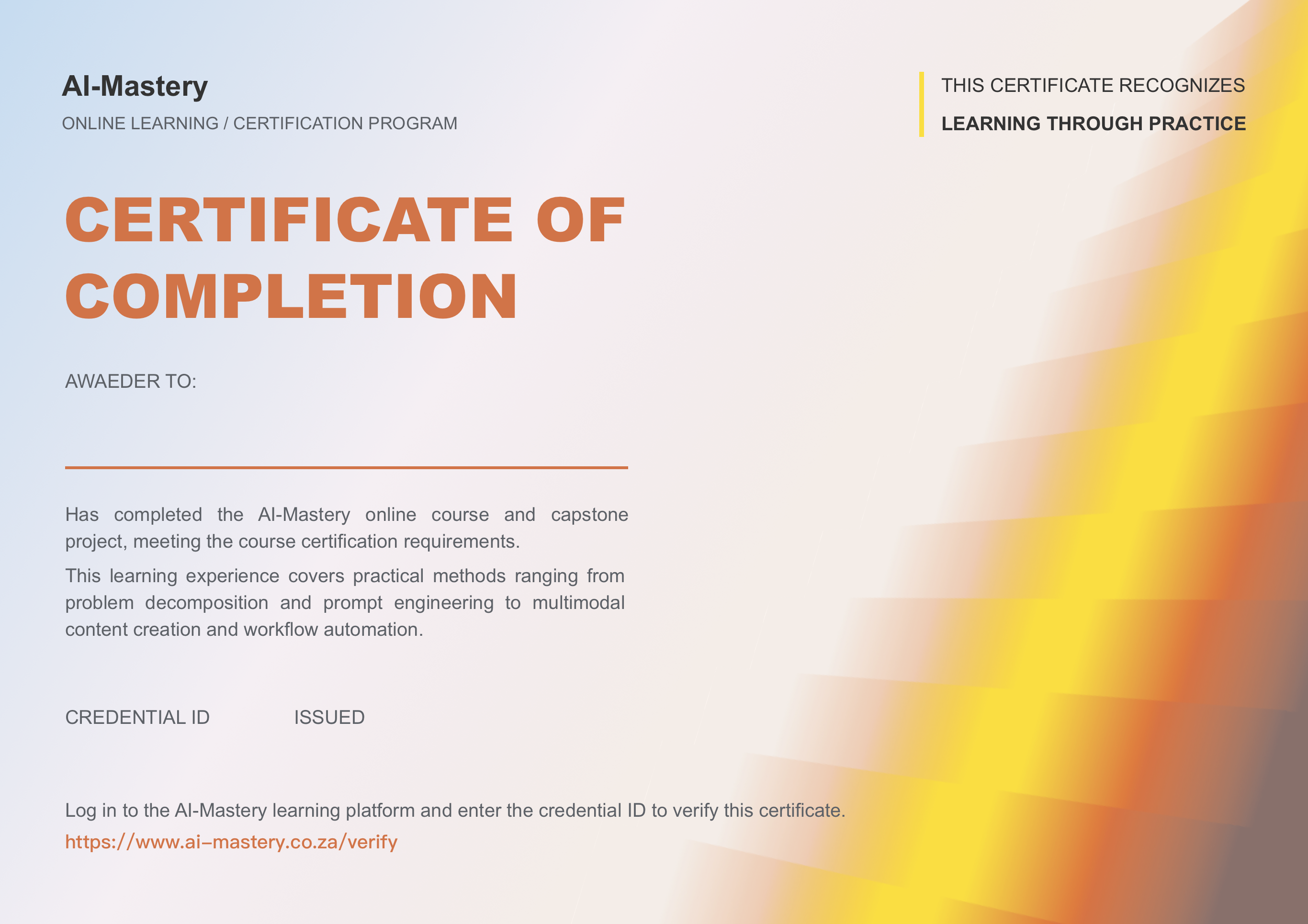 AI Mastery certificate of completion sample